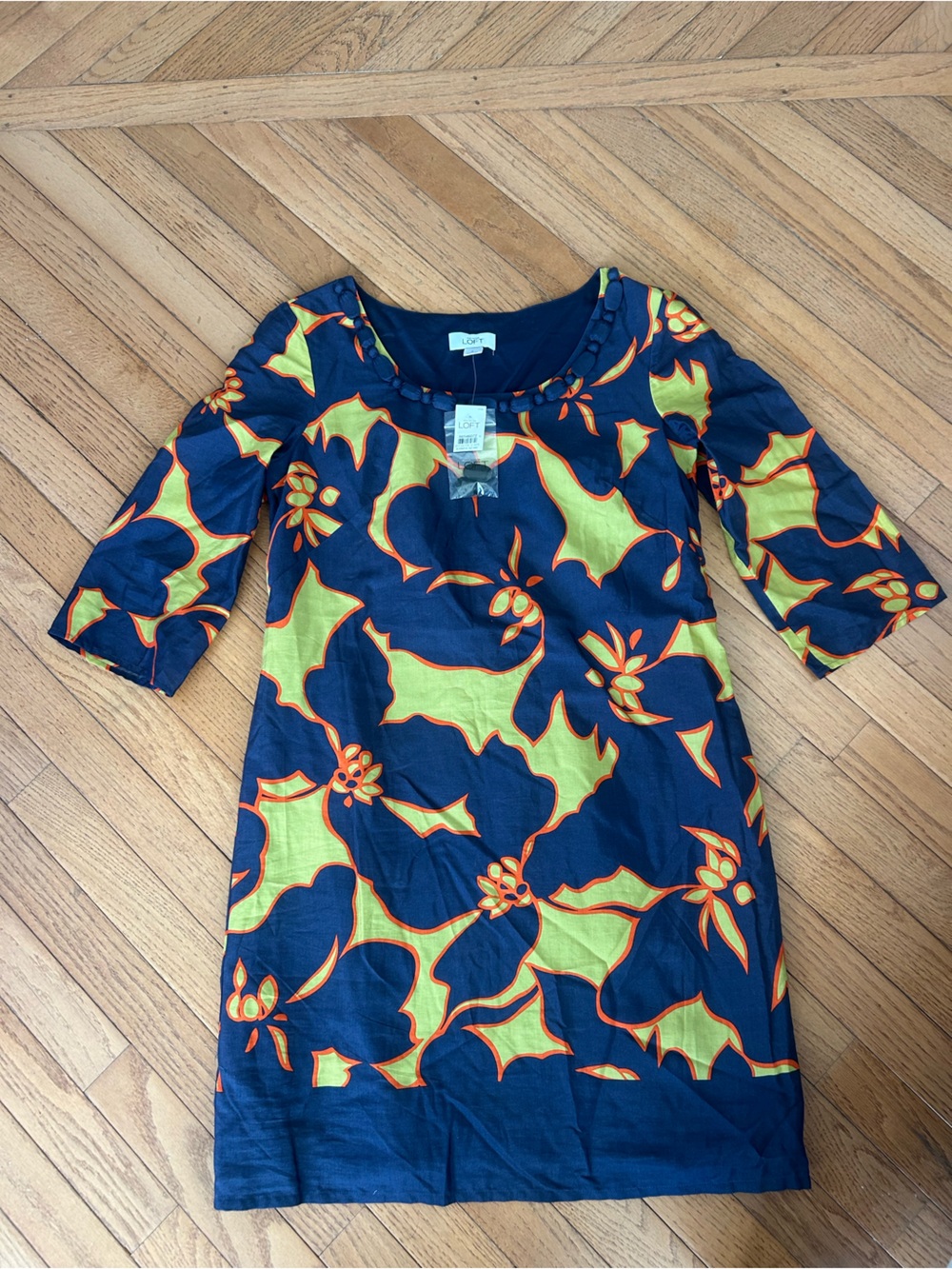 Ann Taylor Loft Navy Green Floral Shift Dress knee length 100% cotton 4